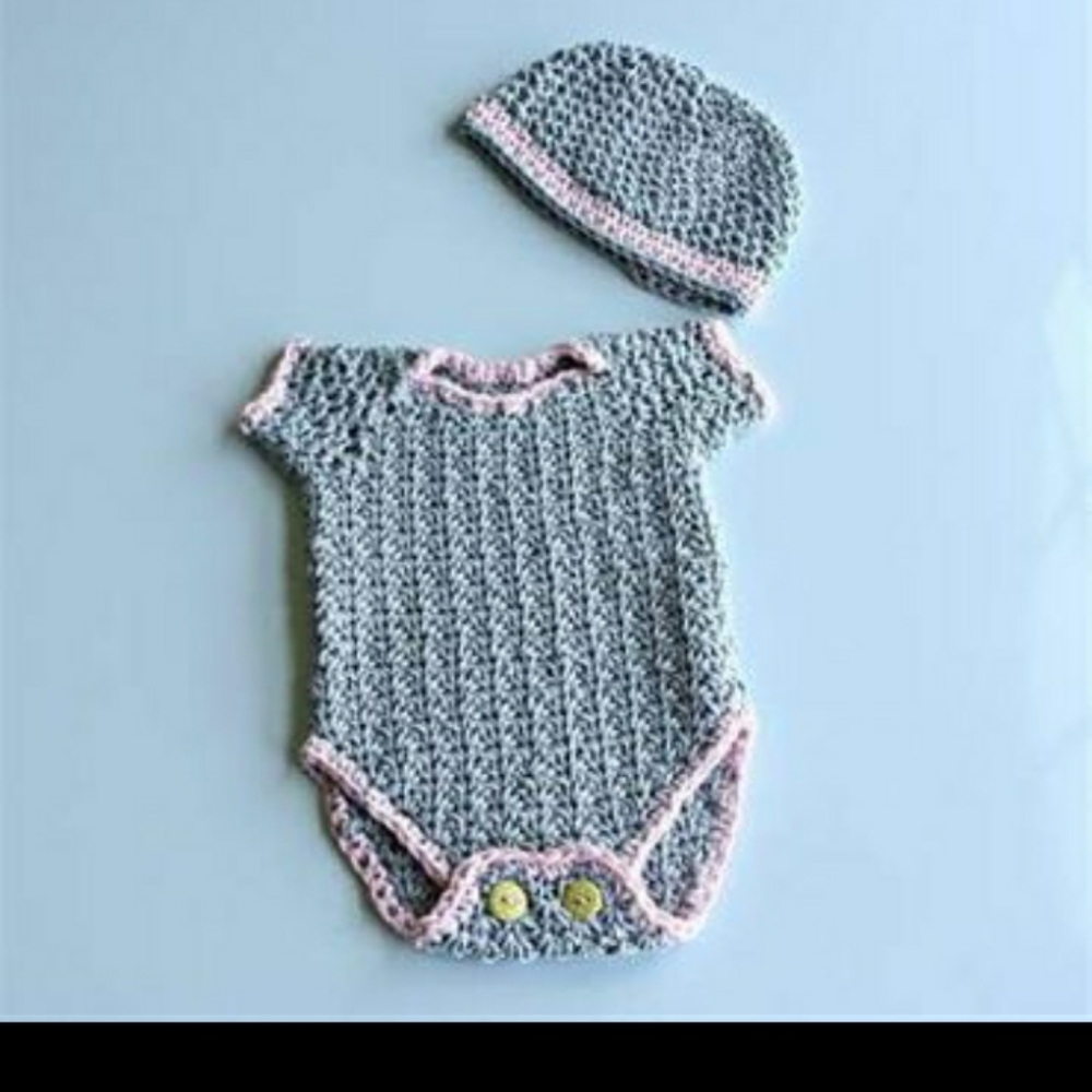 Crocheted Baby onesie with 1 Iron On saying or picture of your choice